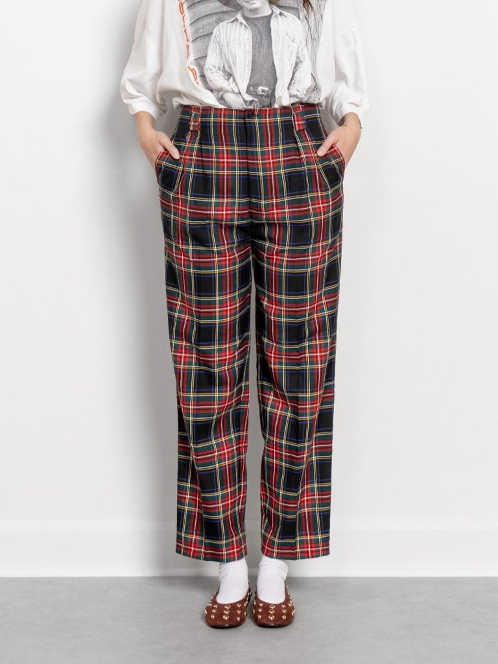 HIGH WAIST TROUSERS Vintage Plaid Pockets 90's Checkered / 30 Inch Waist